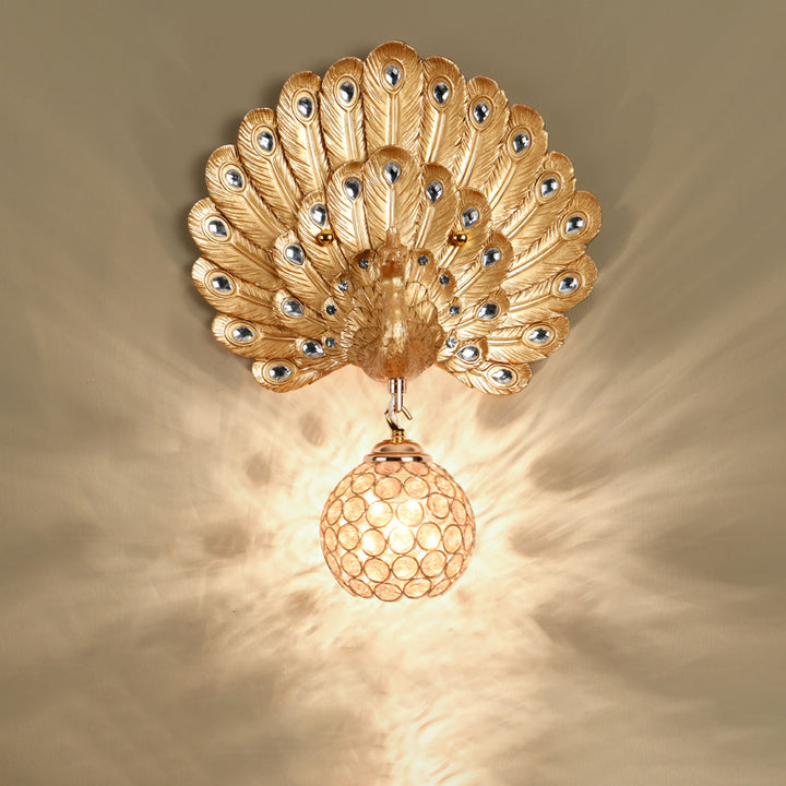 Contemporary Luxury Resin Peacock Crystal Round 1-Light Wall Sconce Lamp For Living Room