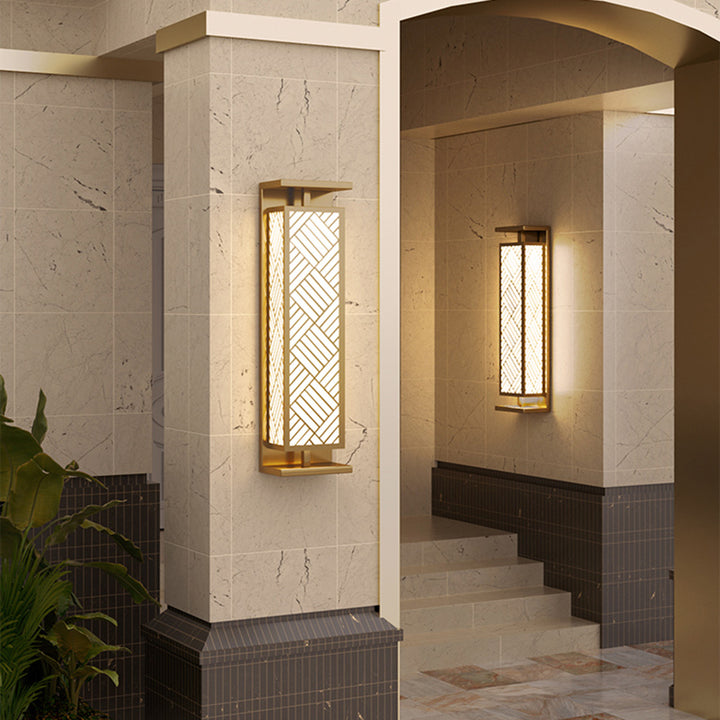 Zeitgenössische Luxus Edelstahl Imitation Marmor Cuboid Shade 1-Licht Außenwandleuchte Lampe für den Garten 