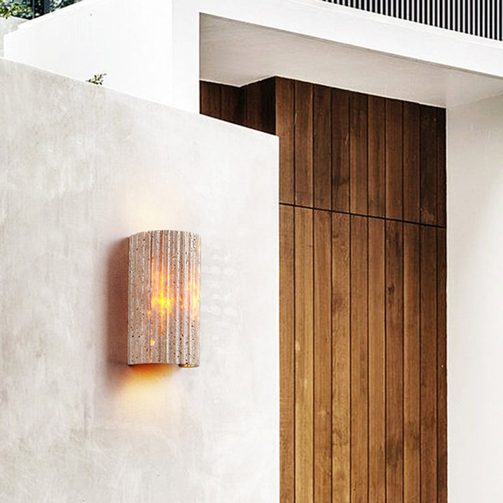 Traditional Japanese Pleated Travertine Semicircle LED Outdoor Wall Sconce Lamp For Garden