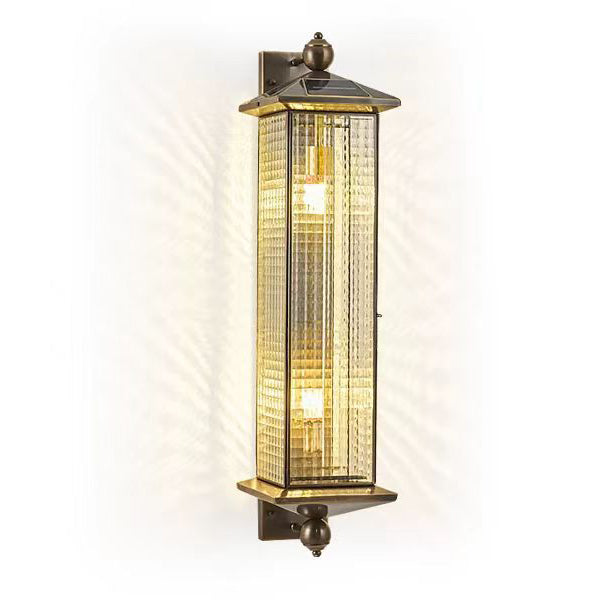Contemporary Luxury Brass Column Tempered Glass Shade 2-Light Outdoor Wall Sconce Lamp For Garden