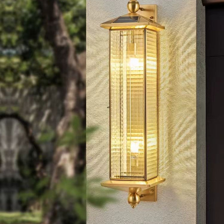Contemporary Luxury Brass Column Tempered Glass Shade 2-Light Outdoor Wall Sconce Lamp For Garden