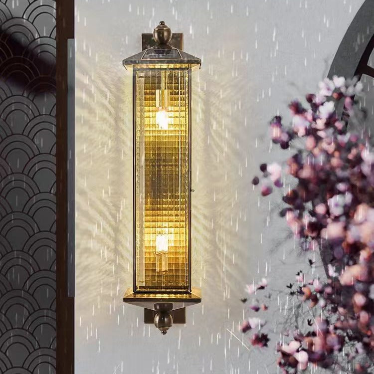 Contemporary Luxury Brass Column Tempered Glass Shade 2-Light Outdoor Wall Sconce Lamp For Garden
