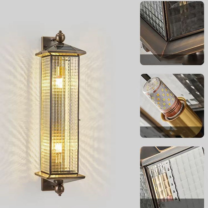 Contemporary Luxury Brass Column Tempered Glass Shade 2-Light Outdoor Wall Sconce Lamp For Garden