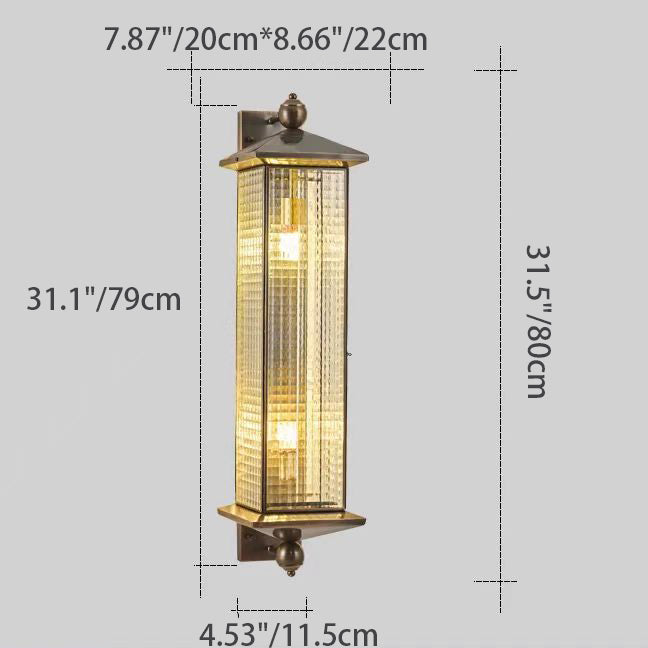 Contemporary Luxury Brass Column Tempered Glass Shade 2-Light Outdoor Wall Sconce Lamp For Garden