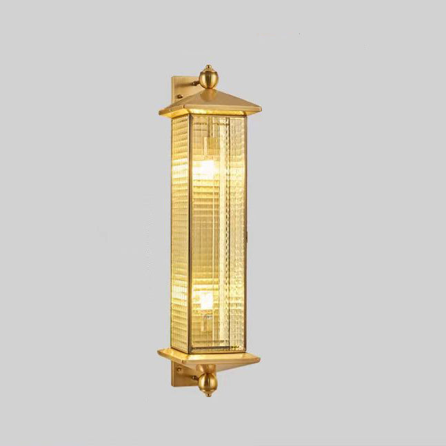 Contemporary Luxury Brass Column Tempered Glass Shade 2-Light Outdoor Wall Sconce Lamp For Garden