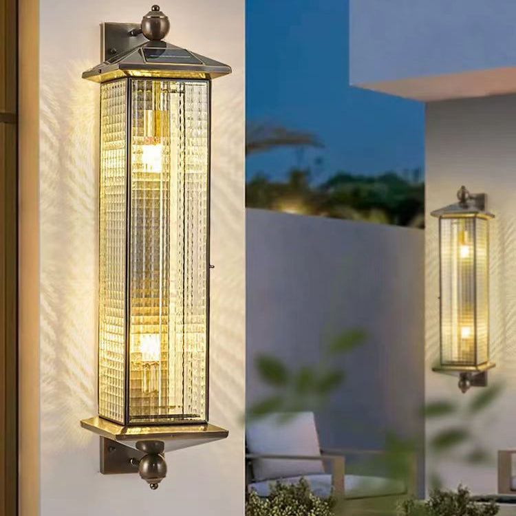 Contemporary Luxury Brass Column Tempered Glass Shade 2-Light Outdoor Wall Sconce Lamp For Garden