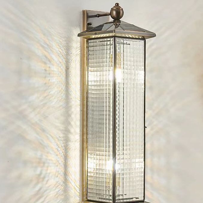 Contemporary Luxury Brass Column Tempered Glass Shade 2-Light Outdoor Wall Sconce Lamp For Garden