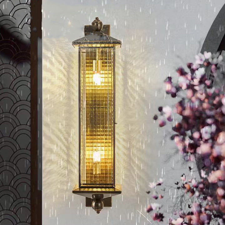 Contemporary Luxury Brass Column Tempered Glass Shade 2-Light Outdoor Wall Sconce Lamp For Garden