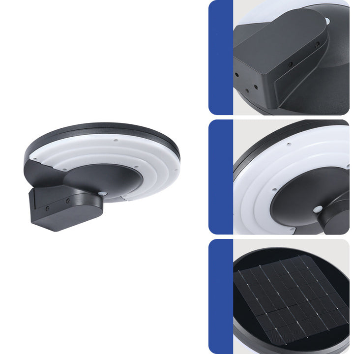Zeitgenössische industrielle Aluminiumscheibe Solar-LED-Wandleuchte Lampe für Terrasse im Freien 