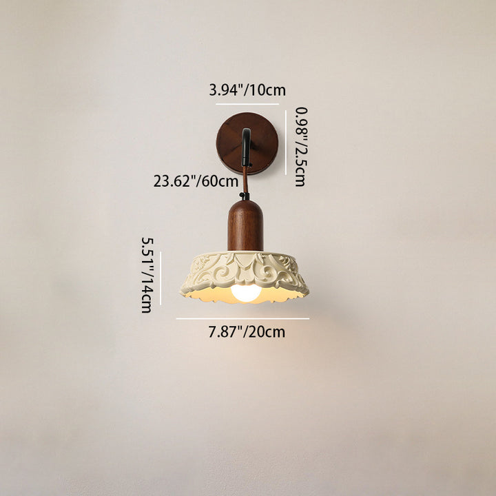 Aplique de pared redondo de 1 luz con diseño de flores de madera maciza japonesa tradicional y tallado en resina para cabecera 