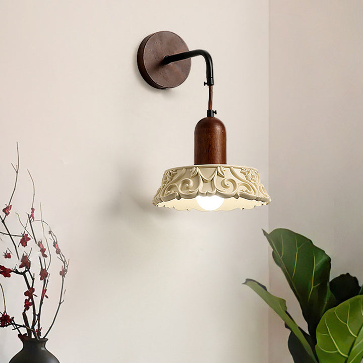 Aplique de pared redondo de 1 luz con diseño de flores de madera maciza japonesa tradicional y tallado en resina para cabecera 