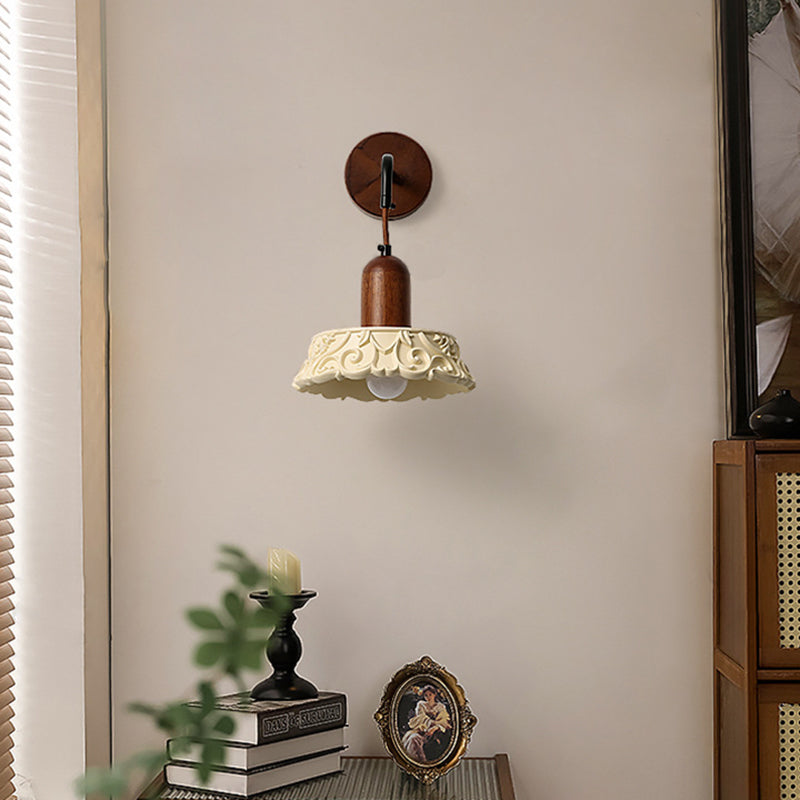 Aplique de pared redondo de 1 luz con diseño de flores de madera maciza japonesa tradicional y tallado en resina para cabecera 