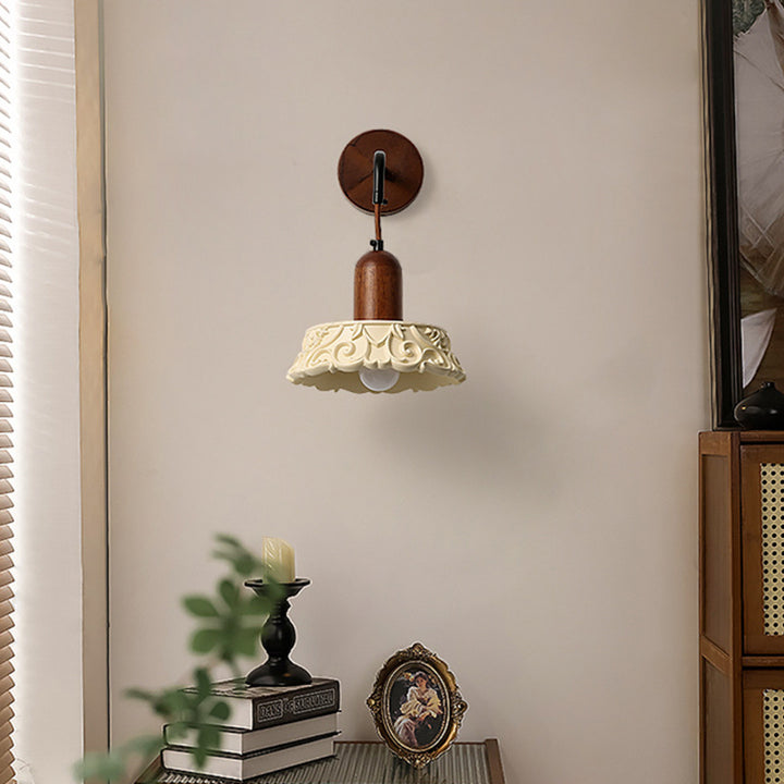 Aplique de pared redondo de 1 luz con diseño de flores de madera maciza japonesa tradicional y tallado en resina para cabecera 
