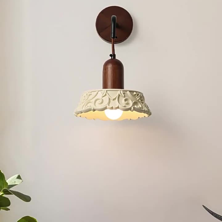 Aplique de pared redondo de 1 luz con diseño de flores de madera maciza japonesa tradicional y tallado en resina para cabecera 