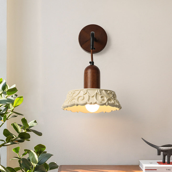Aplique de pared redondo de 1 luz con diseño de flores de madera maciza japonesa tradicional y tallado en resina para cabecera 