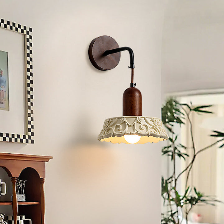 Aplique de pared redondo de 1 luz con diseño de flores de madera maciza japonesa tradicional y tallado en resina para cabecera 