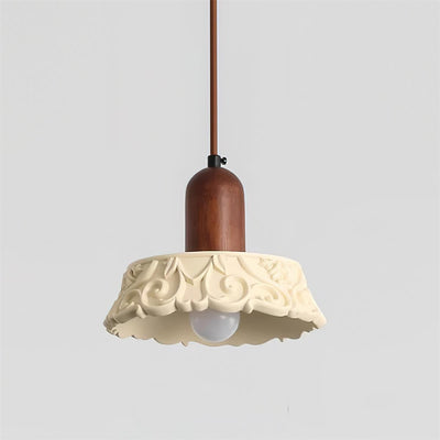 Lustre suspendu rond à 1 lumière avec sculpture en résine à motif de fleurs en bois massif japonais traditionnel pour chevet 