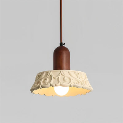 Lustre suspendu rond à 1 lumière avec sculpture en résine à motif de fleurs en bois massif japonais traditionnel pour chevet 