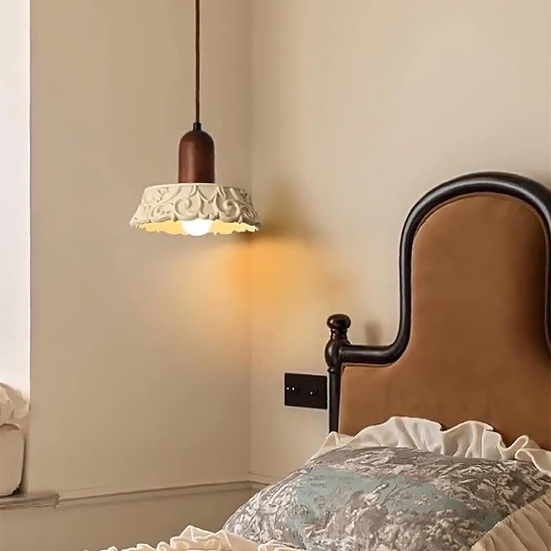 Lustre suspendu rond à 1 lumière avec sculpture en résine à motif de fleurs en bois massif japonais traditionnel pour chevet 