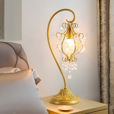 Lampe de table contemporaine de luxe avec cadre en fer courbé et décoration en cristal à 1 lumière pour chambre à coucher 