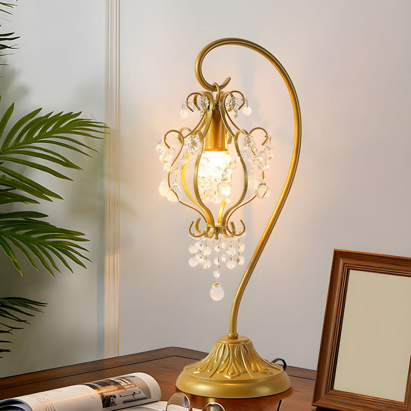 Lampe de table contemporaine de luxe avec cadre en fer courbé et décoration en cristal à 1 lumière pour chambre à coucher 