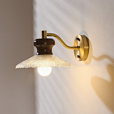 Traditional Japanese Solid Wood Water Ripple Glass Shade 1-Light Wall Sconce Lamp For Living Room