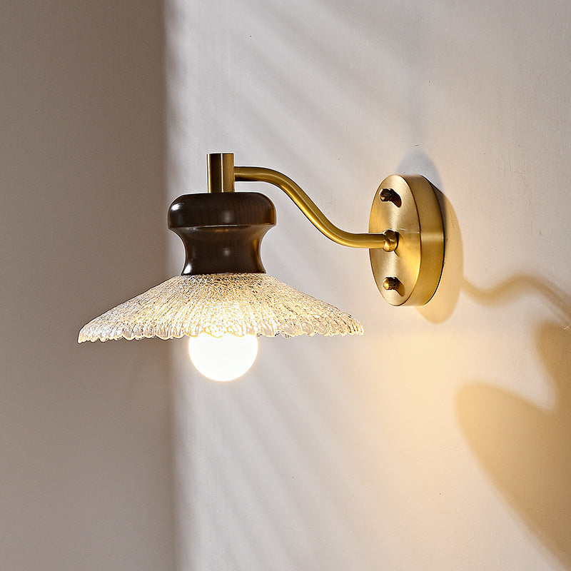 Traditional Japanese Solid Wood Water Ripple Glass Shade 1-Light Wall Sconce Lamp For Living Room