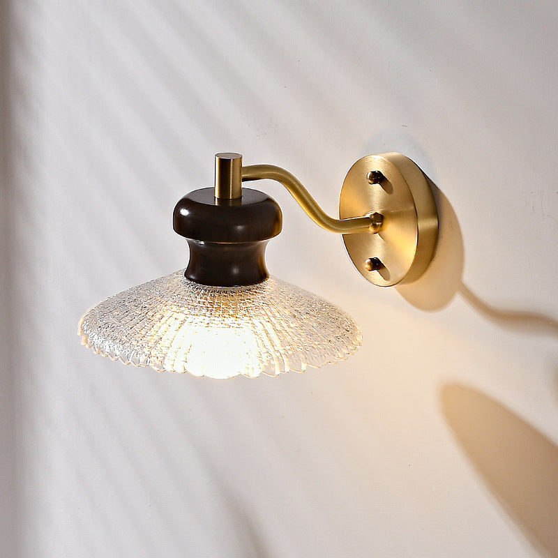 Traditional Japanese Solid Wood Water Ripple Glass Shade 1-Light Wall Sconce Lamp For Living Room