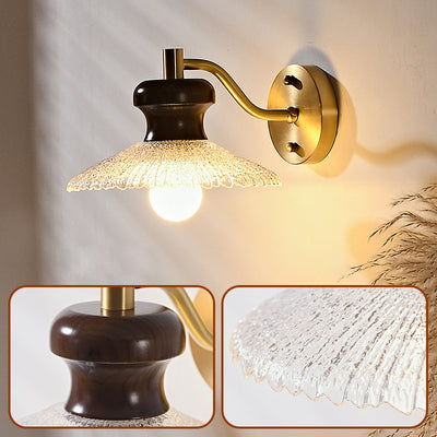 Traditional Japanese Solid Wood Water Ripple Glass Shade 1-Light Wall Sconce Lamp For Living Room