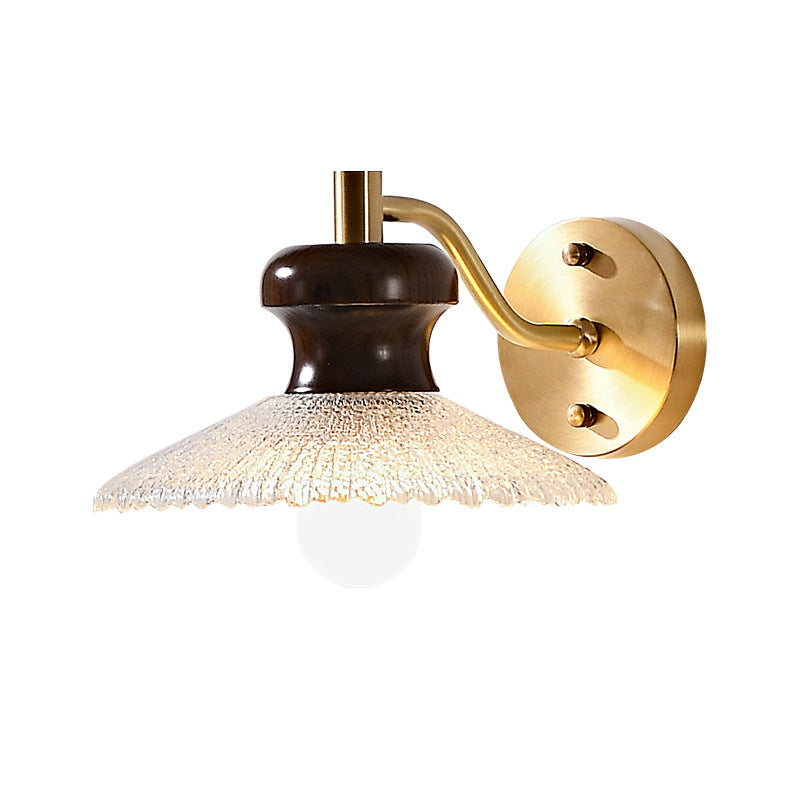 Traditional Japanese Solid Wood Water Ripple Glass Shade 1-Light Wall Sconce Lamp For Living Room