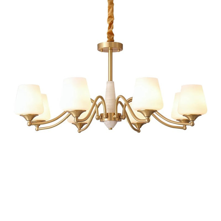 Traditionelle französische Vollkupfer-Jade-Glaslampenschirm 5/6/8-Licht-Kronleuchter für Wohnzimmer 