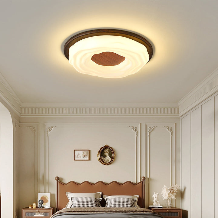 Plafonnier LED rond en acrylique imitation bois grain fer nordique contemporain pour salon 