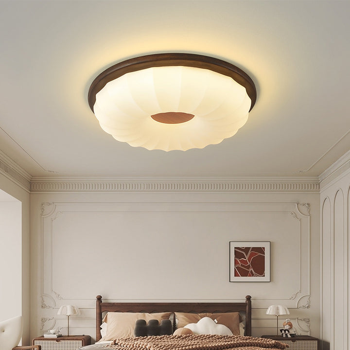 Plafonnier LED rond en acrylique imitation bois grain fer nordique contemporain pour salon 