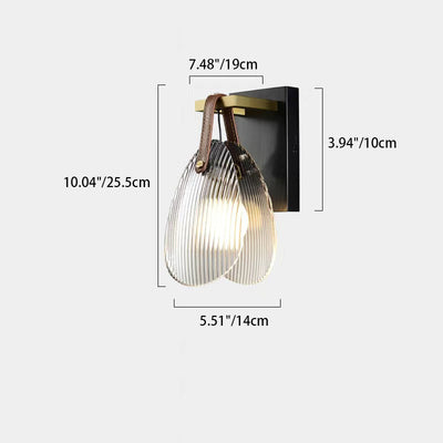 Contemporary Nordic Leather Vertical Striped Glass Round Shade 1-Light Wall Sconce Lamp For Bedroom