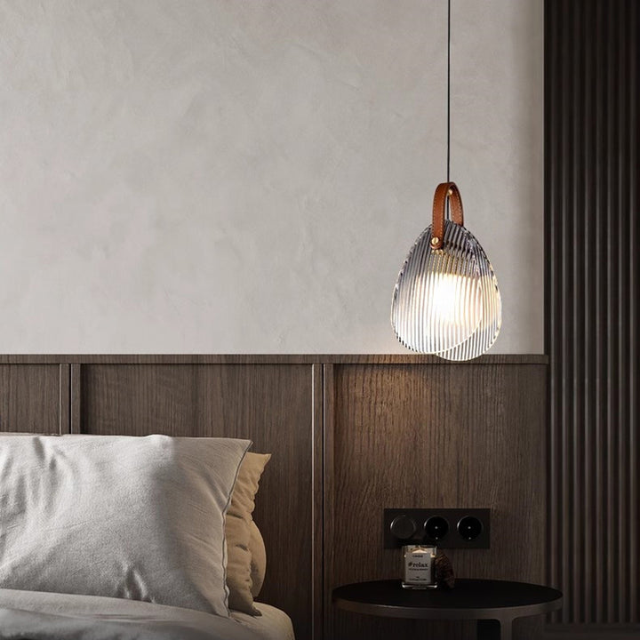 Contemporary Nordic Leather Vertical Striped Glass Round Shade 1-Light Pendant Light For Bedroom