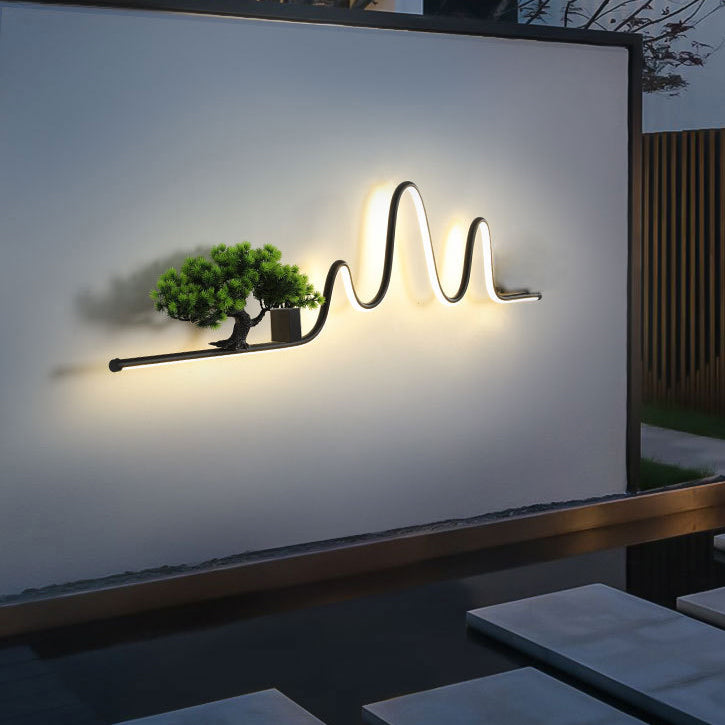 Applique murale extérieure contemporaine créative en aluminium arc linéaire PVC simulé bois de pin LED étanche pour jardin 