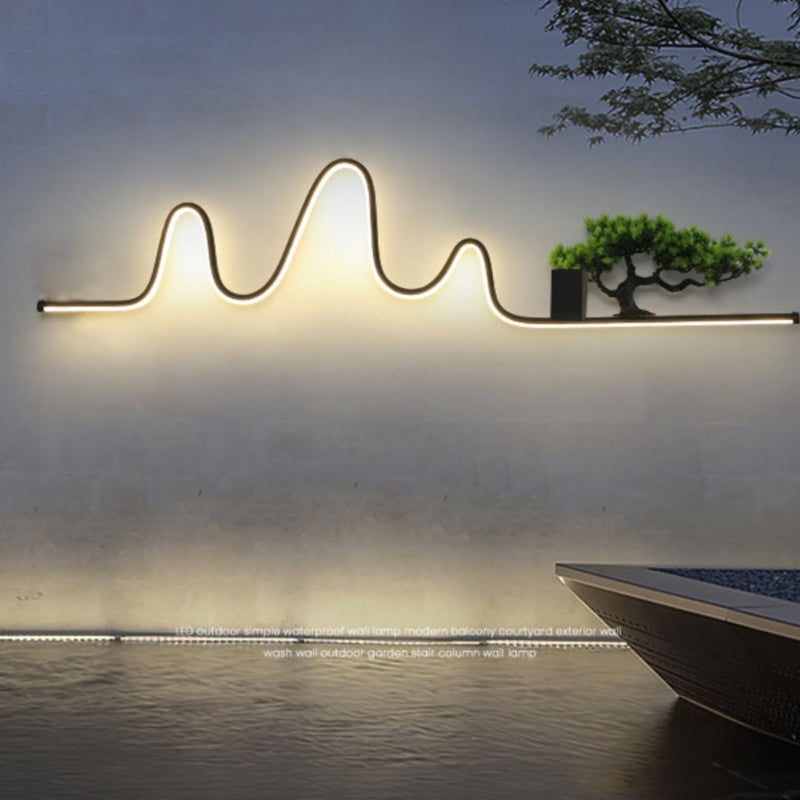 Applique murale extérieure contemporaine créative en aluminium arc linéaire PVC simulé bois de pin LED étanche pour jardin 