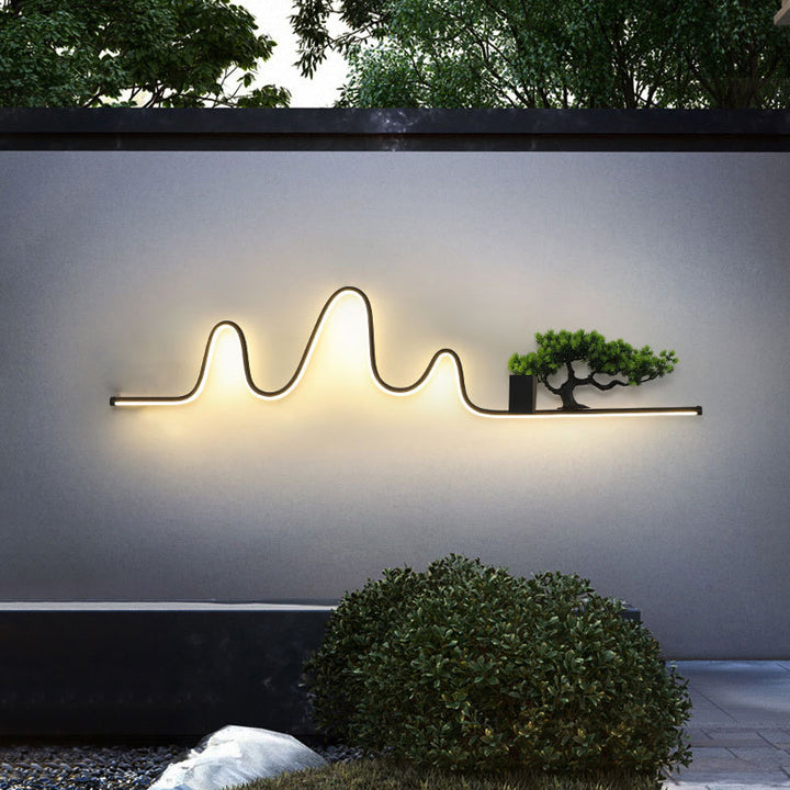 Contemporary Creative Aluminum Arc Linear PVC Simulated Pine Wood LED Waterproof Outdoor Wall Sconce Lamp For Garden