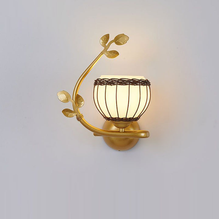 Applique Murale 1 Lumière avec Abat-Jour en Verre, Cadre en Fer Rustique Traditionnel et Tressage de Rotin pour Salon 