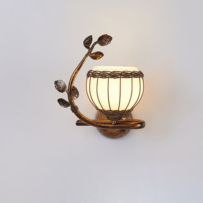 Applique Murale 1 Lumière avec Abat-Jour en Verre, Cadre en Fer Rustique Traditionnel et Tressage de Rotin pour Salon 
