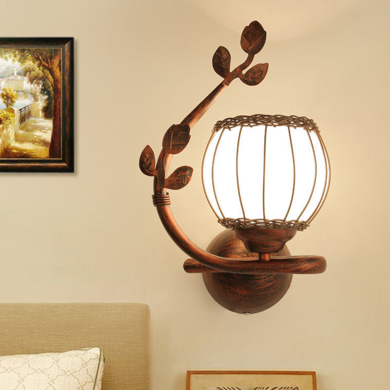 Applique Murale 1 Lumière avec Abat-Jour en Verre, Cadre en Fer Rustique Traditionnel et Tressage de Rotin pour Salon 