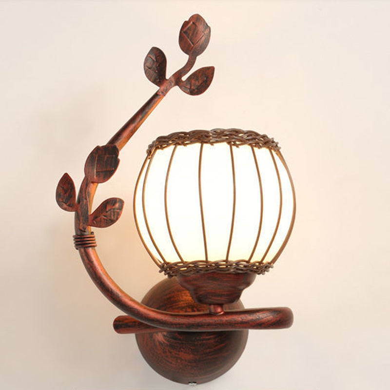 Applique Murale 1 Lumière avec Abat-Jour en Verre, Cadre en Fer Rustique Traditionnel et Tressage de Rotin pour Salon 