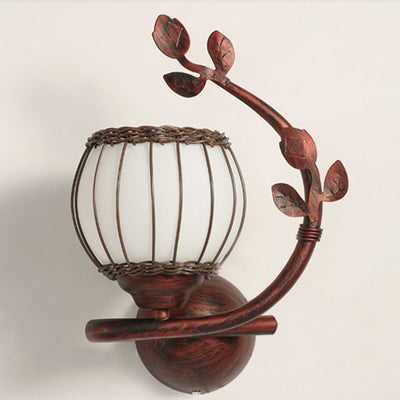 Applique Murale 1 Lumière avec Abat-Jour en Verre, Cadre en Fer Rustique Traditionnel et Tressage de Rotin pour Salon 