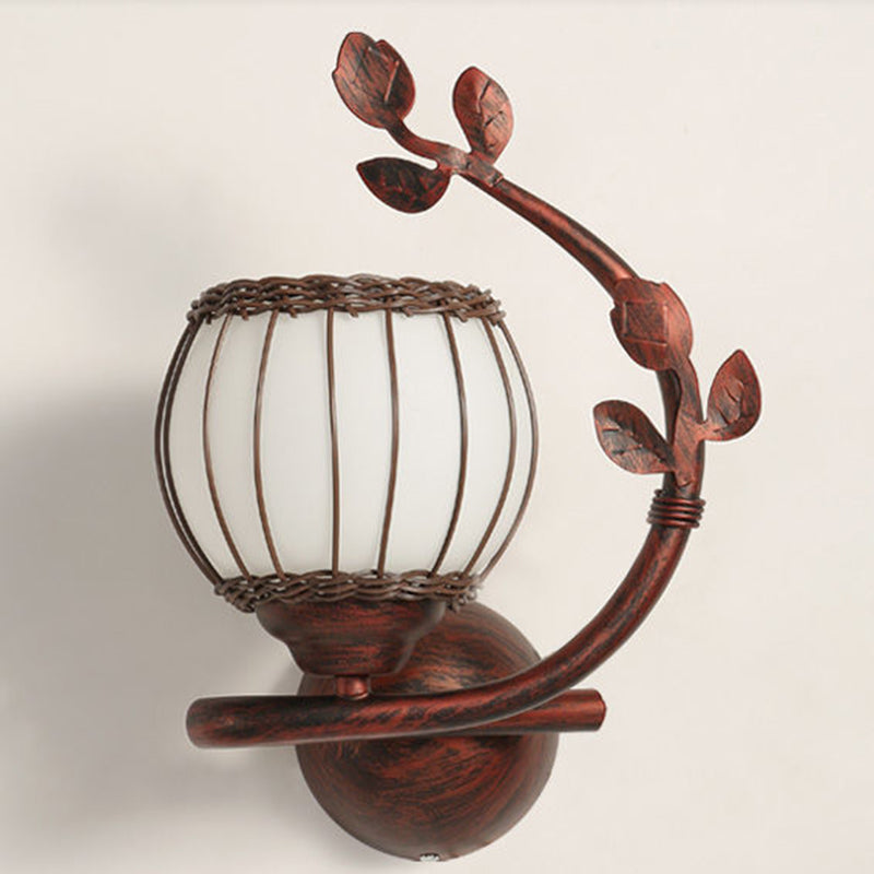 Applique Murale 1 Lumière avec Abat-Jour en Verre, Cadre en Fer Rustique Traditionnel et Tressage de Rotin pour Salon 