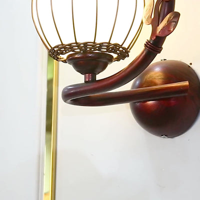 Applique Murale 1 Lumière avec Abat-Jour en Verre, Cadre en Fer Rustique Traditionnel et Tressage de Rotin pour Salon 