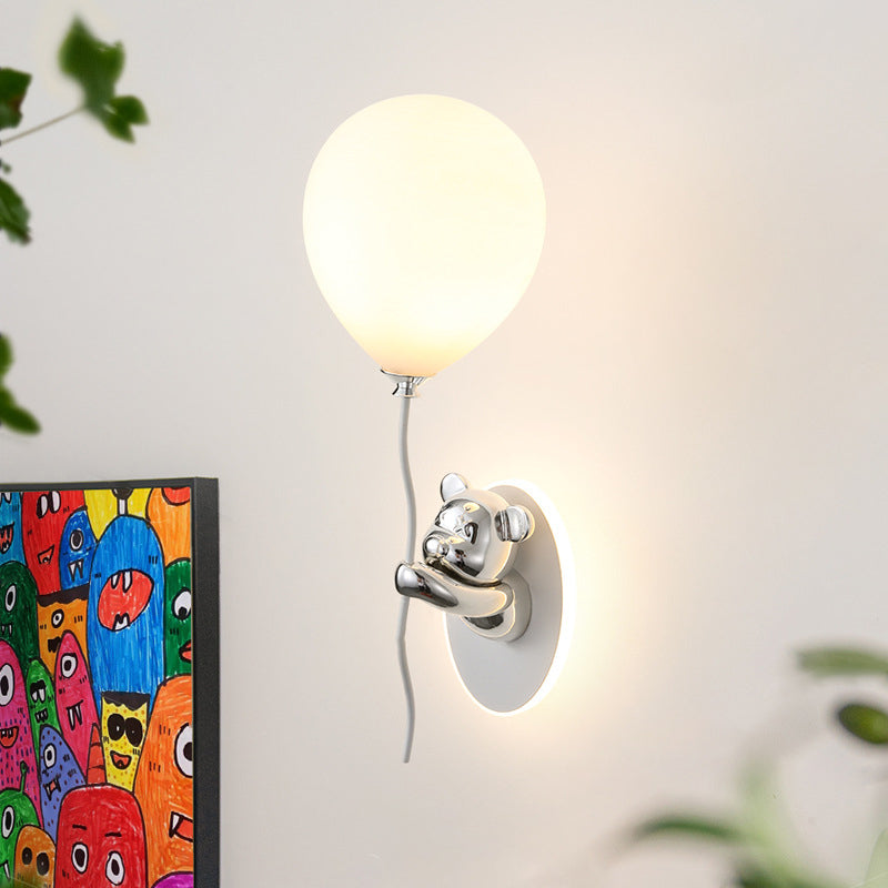 Contemporary Creative Resin Cartoon Bear Glass Balloon Shade LED Wall Sconce Lamp For Bedroom