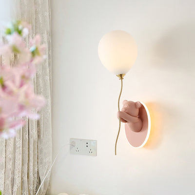 Contemporary Creative Resin Cartoon Bear Glass Balloon Shade LED Wall Sconce Lamp For Bedroom
