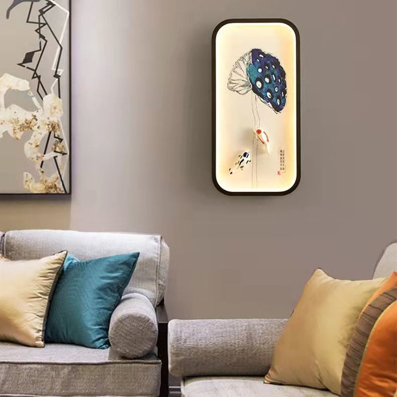Traditionelle chinesische Lotusblatt-Pflaumenblüten-Eisen-Acryl-LED-Wandleuchte für Wohnzimmer 