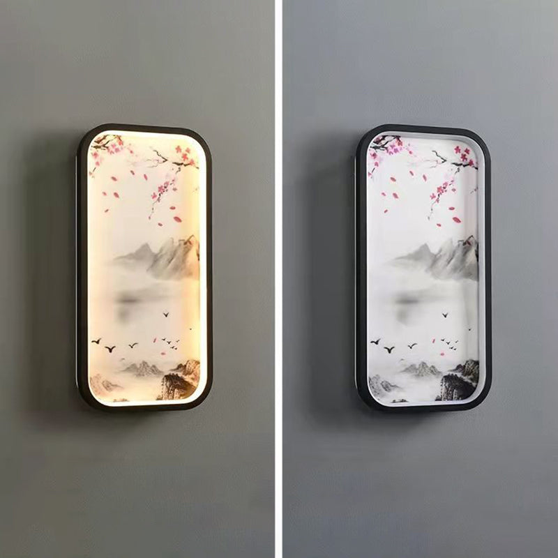 Traditionelle chinesische Lotusblatt-Pflaumenblüten-Eisen-Acryl-LED-Wandleuchte für Wohnzimmer 
