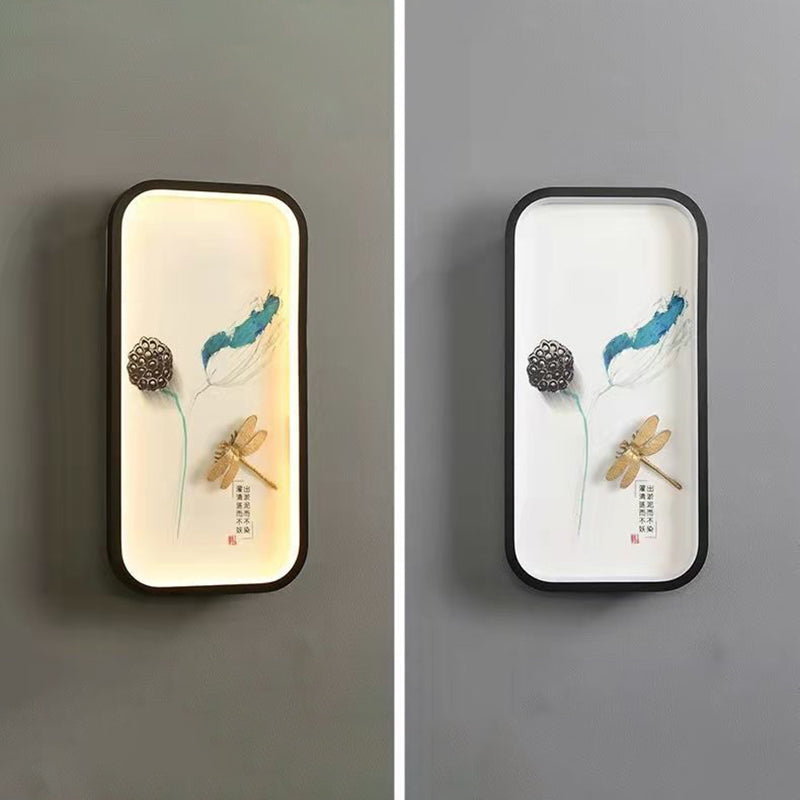 Traditionelle chinesische Lotusblatt-Pflaumenblüten-Eisen-Acryl-LED-Wandleuchte für Wohnzimmer 